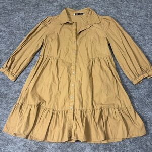 Zara Tan Tiered  Peasant Boho Elevated Basic Flowy Short Sleeve Mini  Dress
